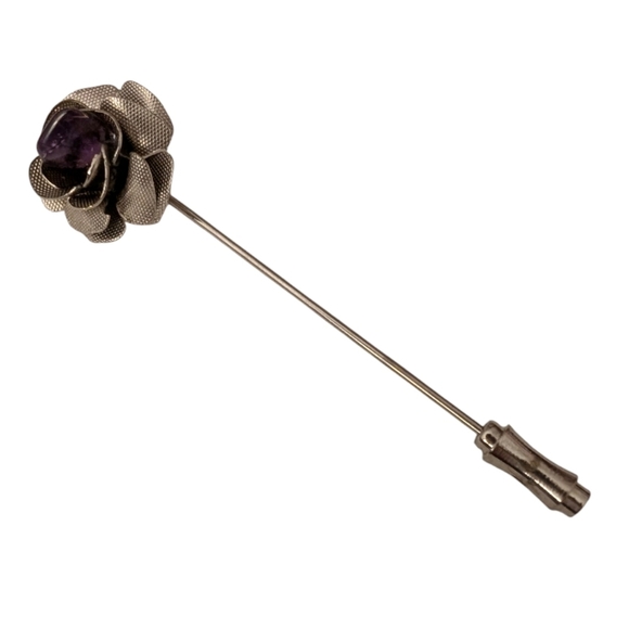 AMETHYST ROSE Silver Vintage Stick Pin 1950 Retro Classic - Picture 3 of 7